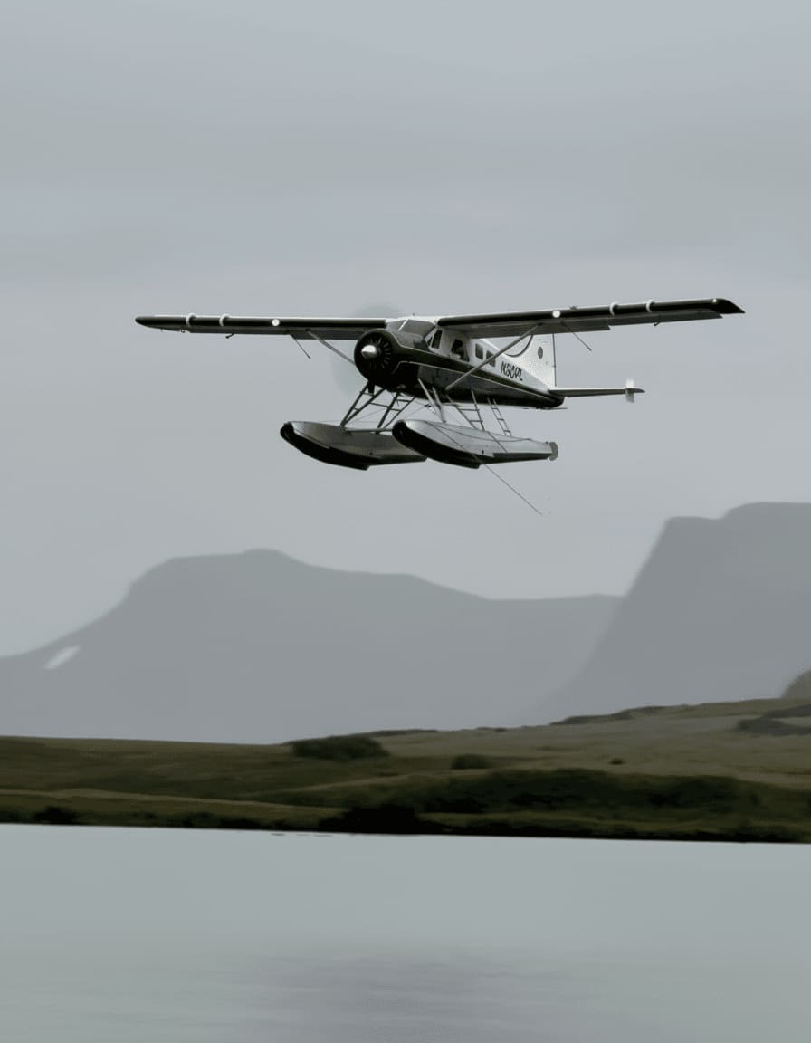 Float plane flying over Alaska wilderness