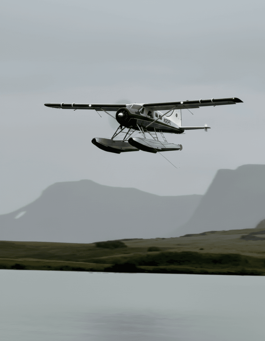 Float plane flying over Alaska wilderness