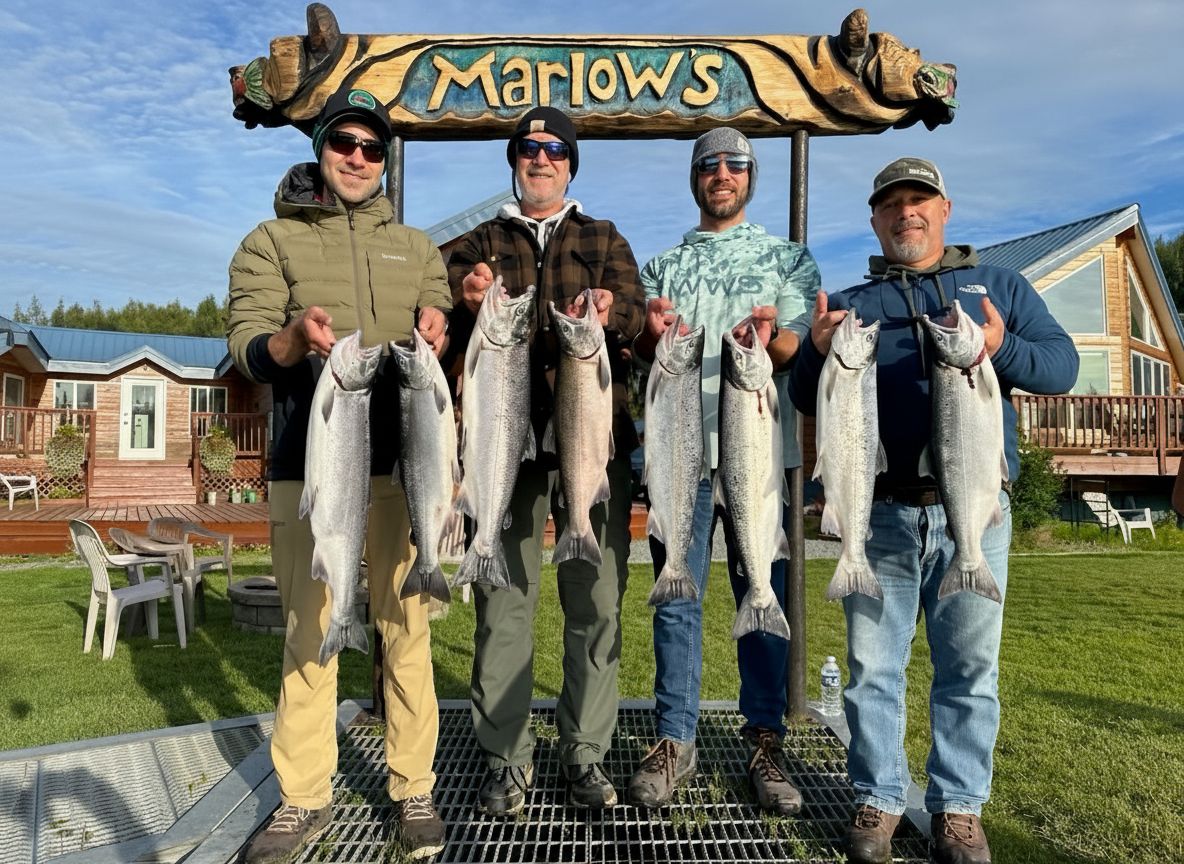 Family holding their salmon catch after a guided fishing trip on the Kenai River